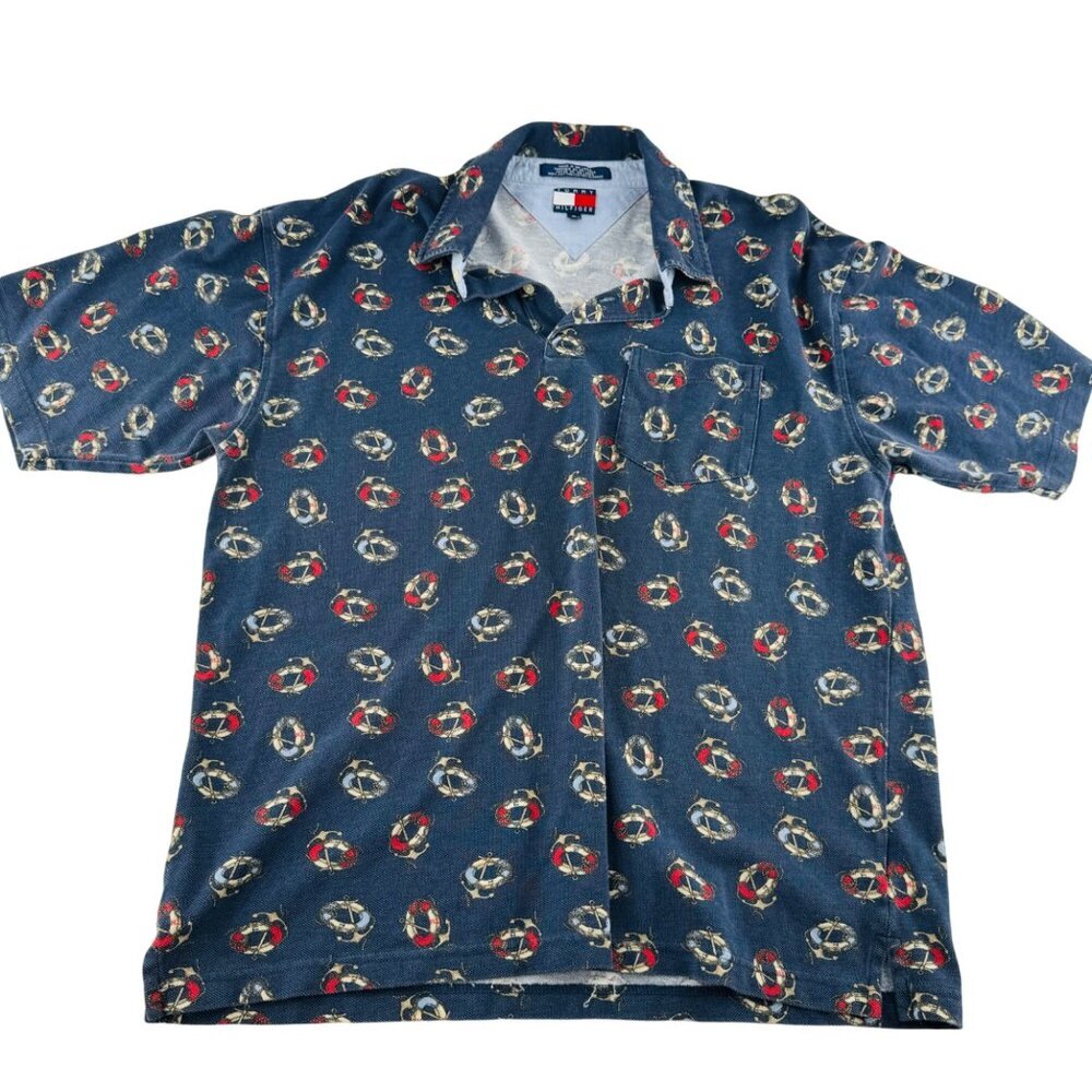 Vintage Tommy Hilfiger XL Mens Polo Shirt Navy Lifebuoy Print Short Sleeve‎